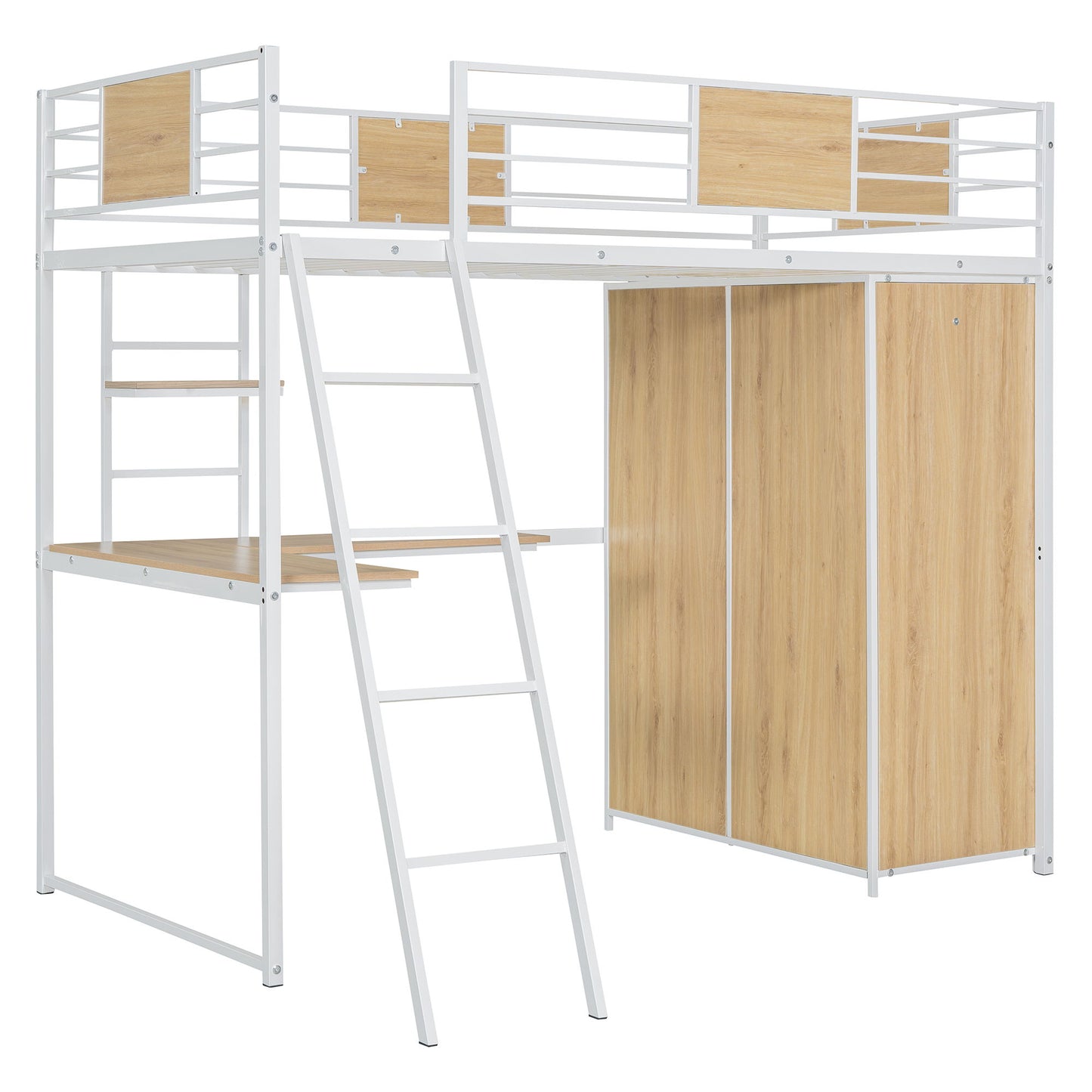 Twin Size Loft Bed With L Shape Desk And Wardrobe - White