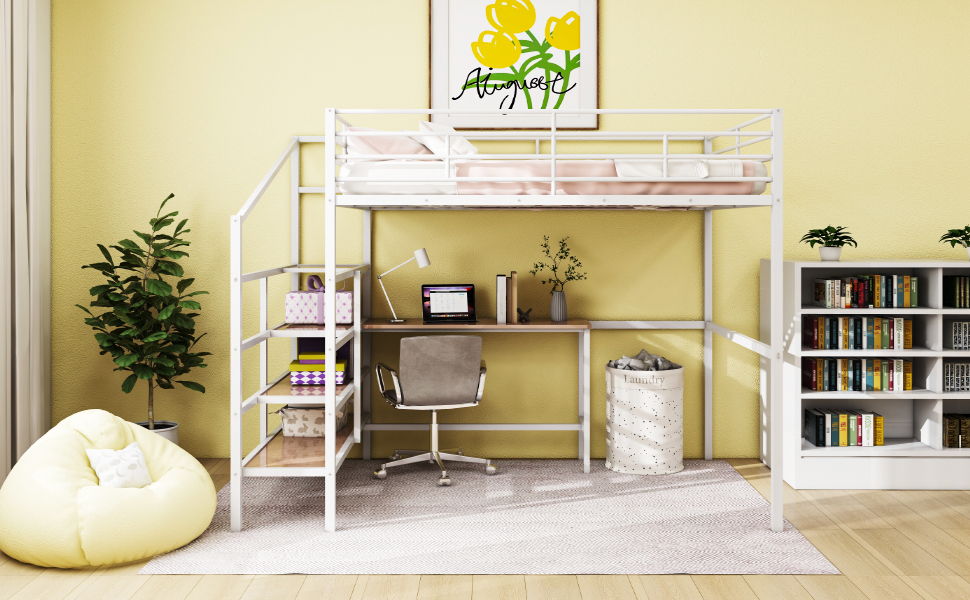 Full Size Loft Bed With Desk And Lateral Storage Ladder - White