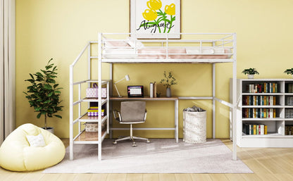 Full Size Loft Bed With Desk And Lateral Storage Ladder - White
