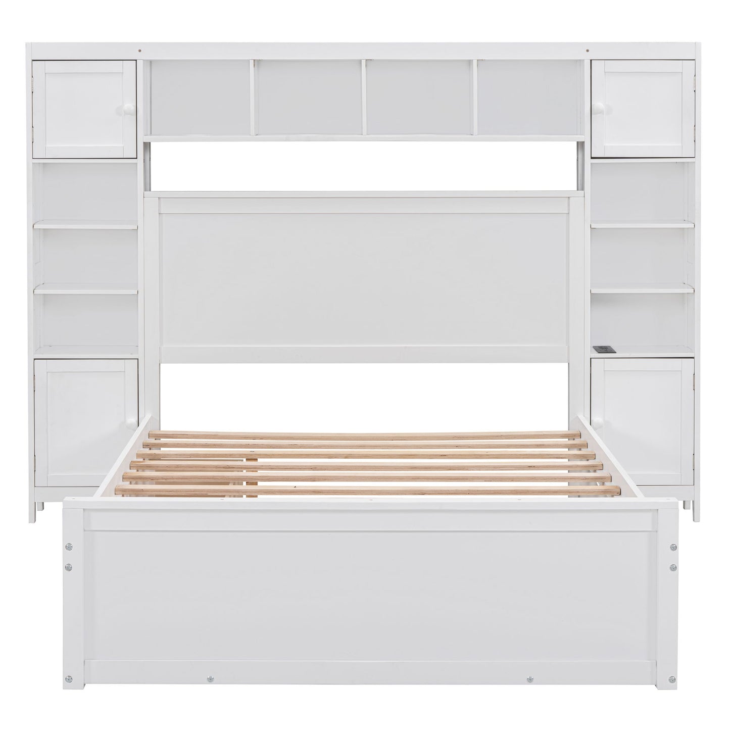 Full Size Bed With All In One Cabinet, Shelf And Sockets, Twin Size Trundle - White