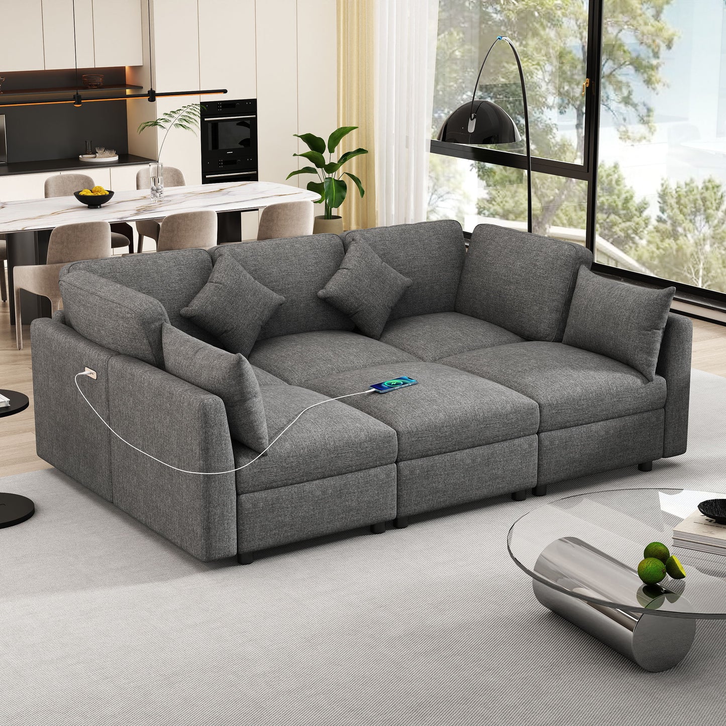 Sectional Sofa Modular Sofa U - Shaped Sofa Couch Sofa Bed L - Shaped Sofa With A Movable Ottoman And Two USB Ports For Living Room - Gray