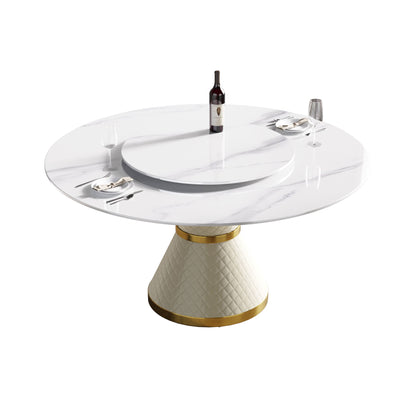 59.05" Modern Artificial Stone Round Carbon Steel Base Dining Table, Can Accommodate 6 People Artificial Stone Turntable - White