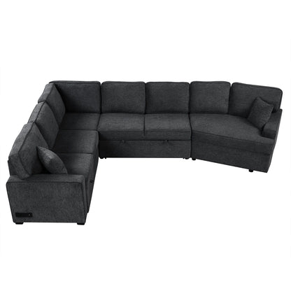 L-Shaped Sofa Sectional Sofa Couch Pull-Out Sofa Bed With Charging Devices And Cup Holders For Living Room - Blue Black