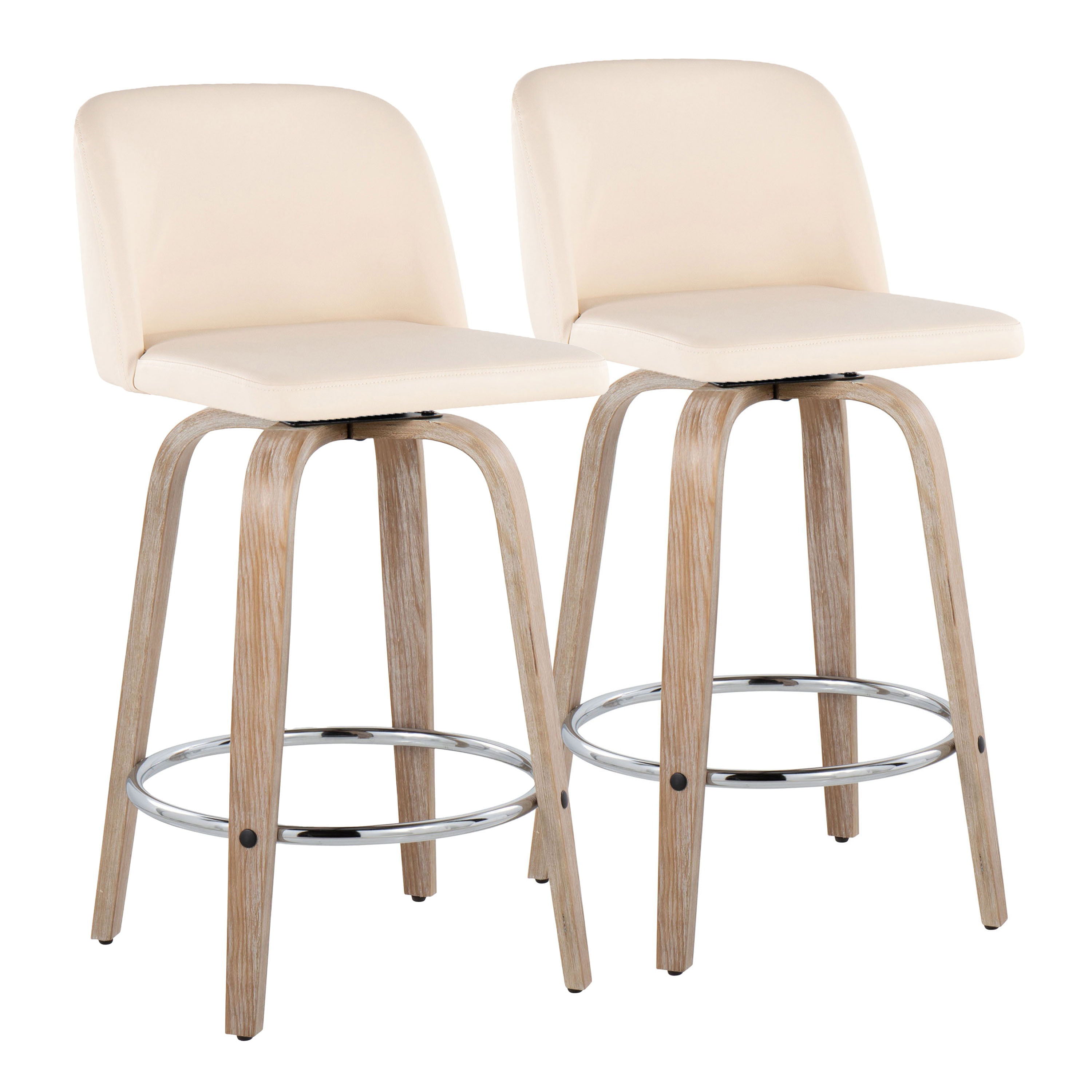 Toriano - Contemporary Fixed Height Counter Stool With Swivel With Round Footrest (Set of 2) - Whitewashed / Cream