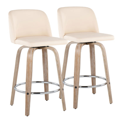 Toriano - Contemporary Fixed Height Counter Stool With Swivel With Round Footrest (Set of 2) - Whitewashed / Cream