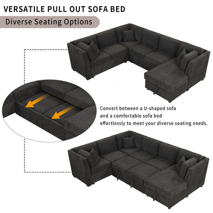 U-Shaped Sectional Sofa Pull Out Sofa Bed With Two USB Ports, Two Power Sockets, Three Back Pillows And A Storage Chaise For Living Room - Black