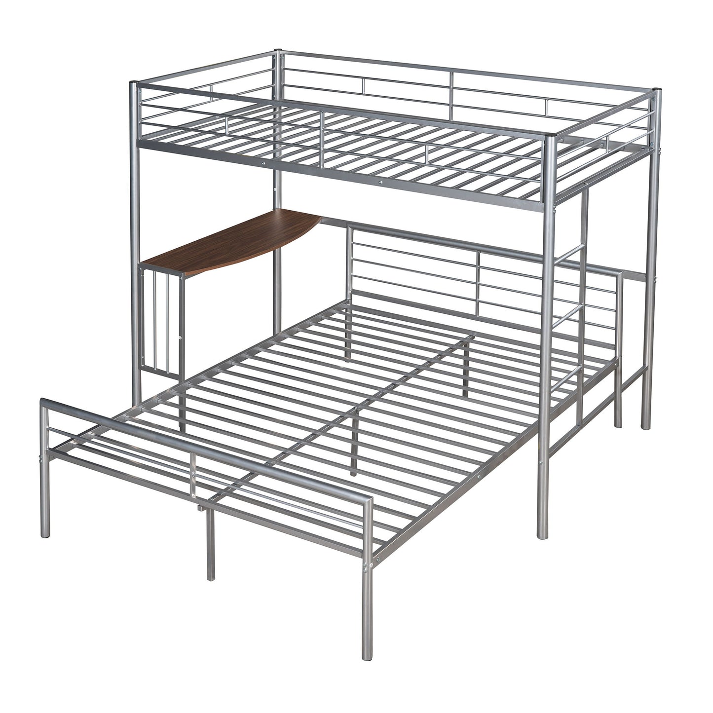 Twin Over Full Bunk Bed With Desk, Ladder And Quality Slats For Bedroom - Silver