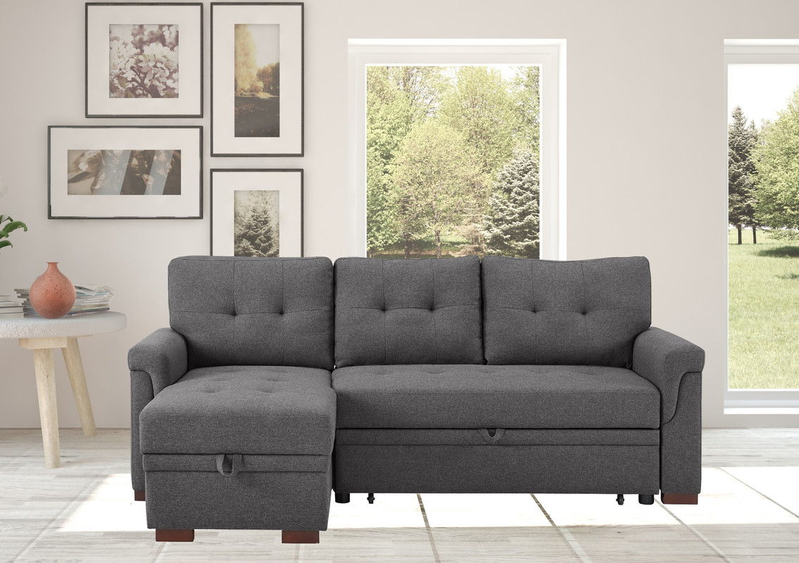 Hunter - Linen Reversible Sleeper Sectional Sofa With Storage Chaise - Dark Gray
