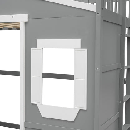 Twin Size House Loft Bed With Ladder - Gray / White