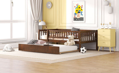 Twin Size Daybed With Trundle And Fence Guardrails - Walnut