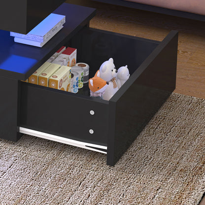 High Quality Foldable 3 Tier Coffee Table With Drawers And LED Light - Black