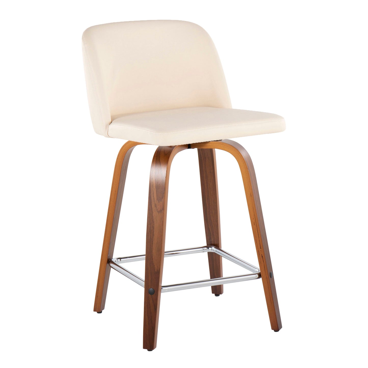 Toriano - Mid-Century Modern Fixed Height Counter Stool & Swivel And Square Footrest (Set of 2) - Walnut / Cream
