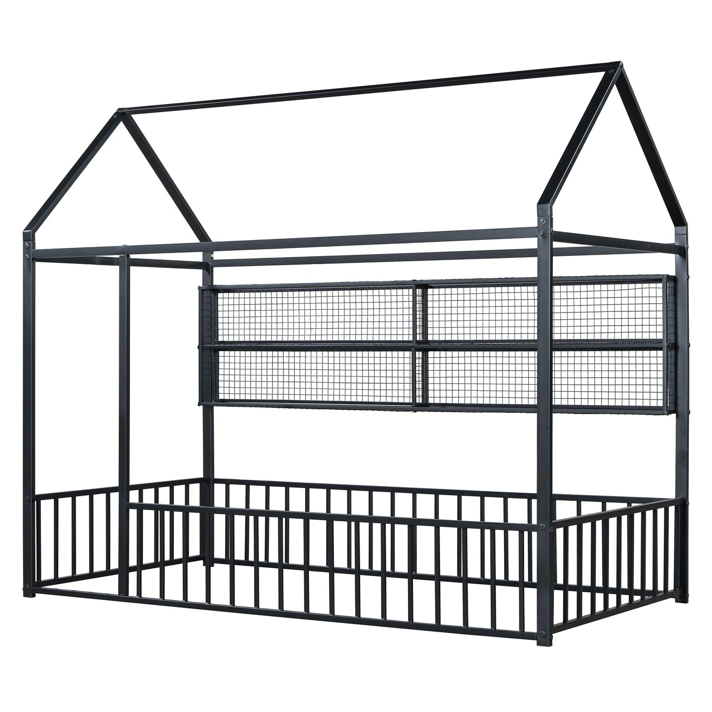Twin Size Bed House Frame With Fence And Shelves - Black