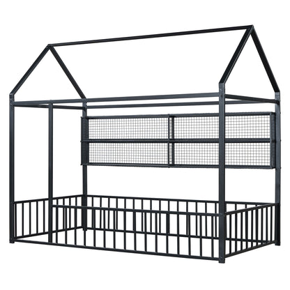 Twin Size Bed House Frame With Fence And Shelves - Black