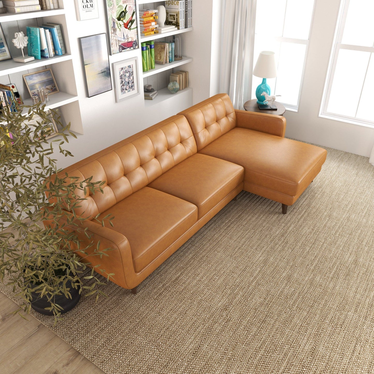 Allison - Right Facing Leather Sectional Sofa - Tan