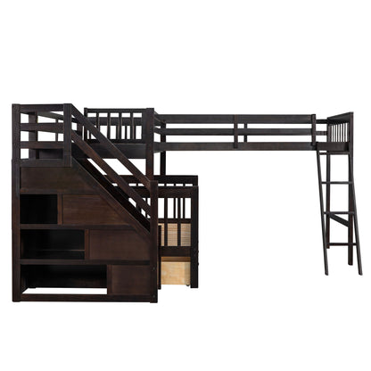 Twin Over Full L Shaped Bunk Bed With 3 Drawers, Ladder And Staircase - Espresso