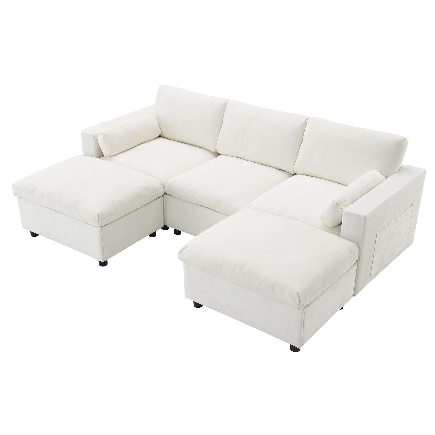 Modular Sectional With Storage Pockets, 5 Seat U Shaped Couch Set With Pillows Free Combination Modern Cloud Sofa With 2 Movable Ottoman - White