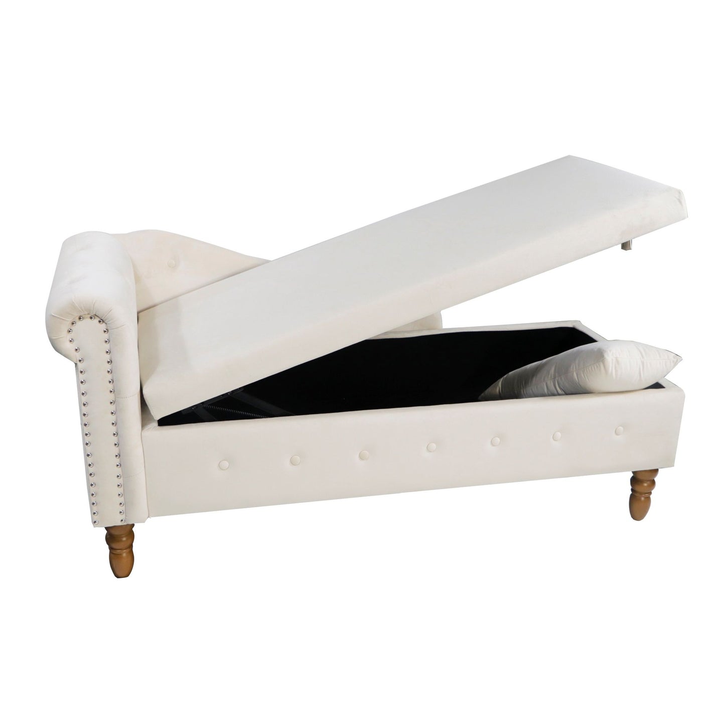 Chaise Lounge Indoor, Velvet Lounge Chair For Bedroom With Storage & Pillow, Modern Upholstered Rolled Arm Chase Lounge For Sleeping With Nailhead Trim For Living Room Bedroom Office - Beige