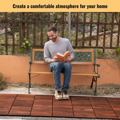 10 Piece Interlocking Deck Tiles Striped Pattern, Square Acacia Hardwood Outdoor Flooring For Patio, Bancony, Pool Side - Brown
