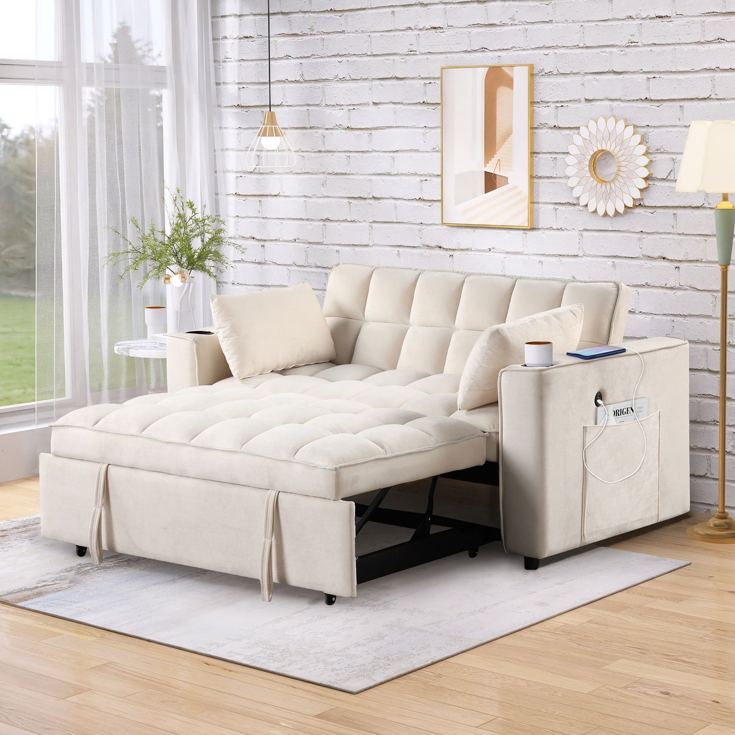 Multi Functional Sofa Bed With Cup Holder And USB Port For Living Room Or Apartments - Milk White