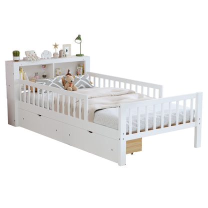 Twin Size Bed With Headboard Storage Rack, 2 Under Bed Drawers, 3 - Side Guardrails For Safety And Security - White