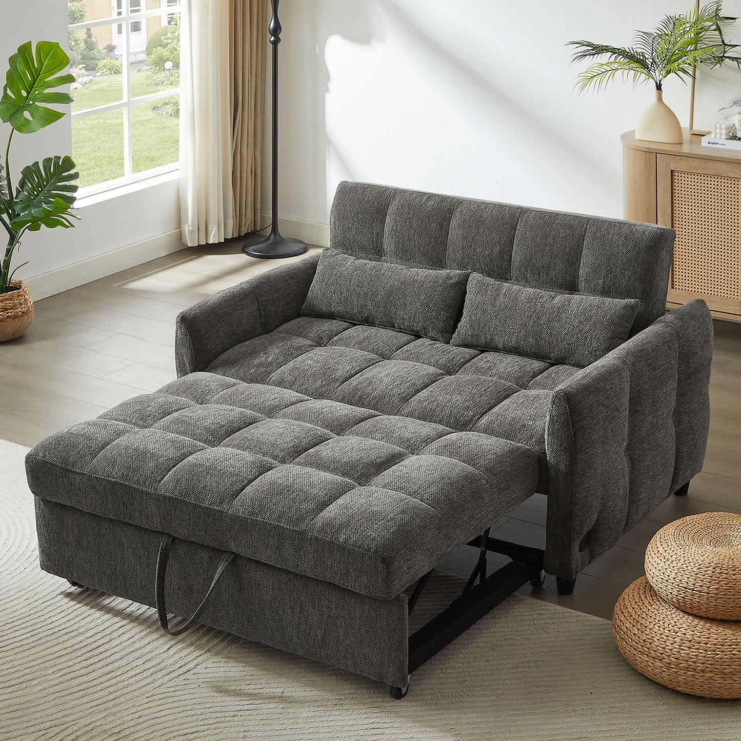 Loveseat Sofa Pull Out Sofa Bed Tufted Sleeper Sofa With An Adjustable Backrest, 3 USB Ports And 2 Lumbar Pillows For Living Room - Gray