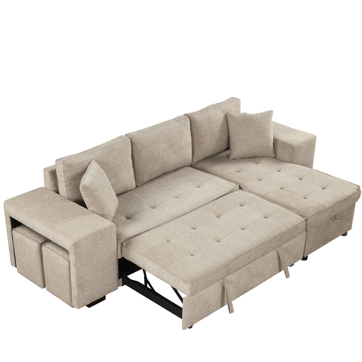 Modern L-Shape 3 Seat Reversible Sectional Couch, Pull Out Sleeper Sofa With Storage Chaise And 2 Stools For Living Room Furniture Set - Cream