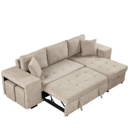 Modern L-Shape 3 Seat Reversible Sectional Couch, Pull Out Sleeper Sofa With Storage Chaise And 2 Stools For Living Room Furniture Set - Cream