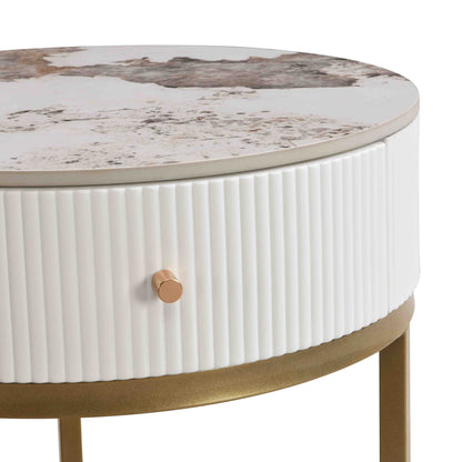 Modern Nightstand With Drawer, Marble Round End Table - White