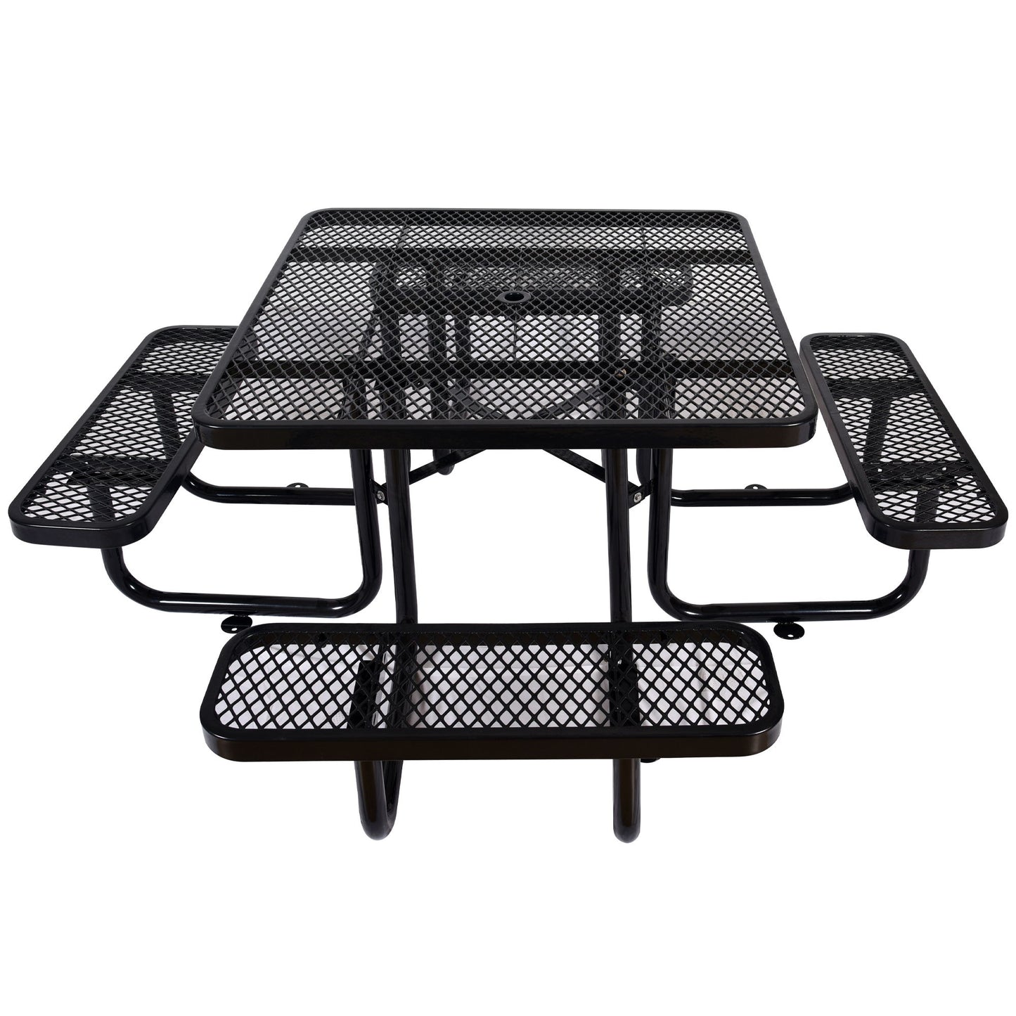 Square Outdoor Steel Picnic Table, With Umbrella Pole - Black