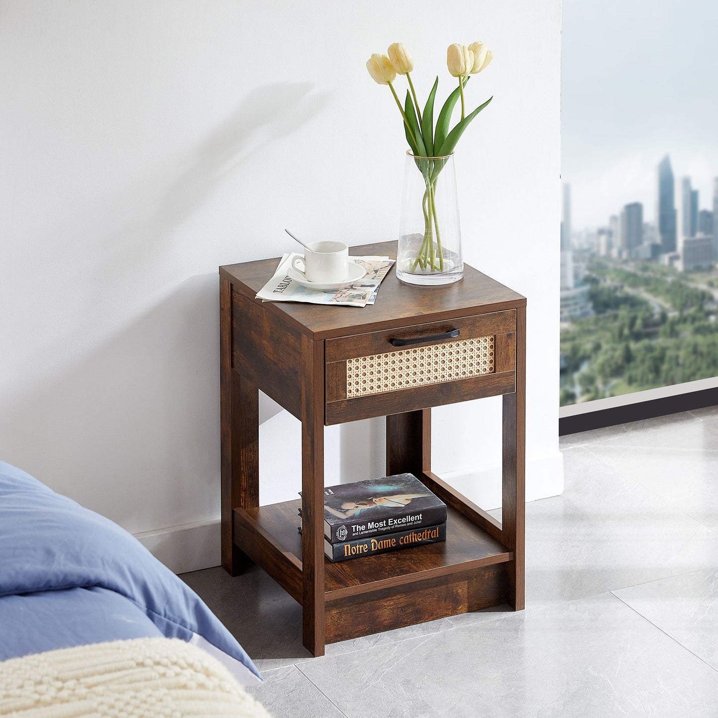 15.75" Rattan End Table With Drawer, Modern Nightstand, Side Table For Living Room, Bedroom - Rustic Brown