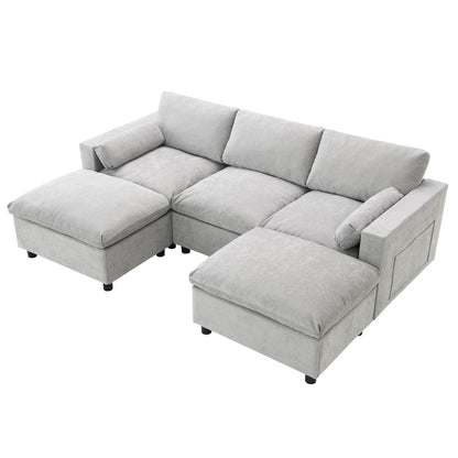 Modular Sectional With Storage Pockets, 5 Seat U Shaped Couch Set With Pillows, Free Combination Modern Cloud Sofa With 2 Movable Ottoman - Medium Gray