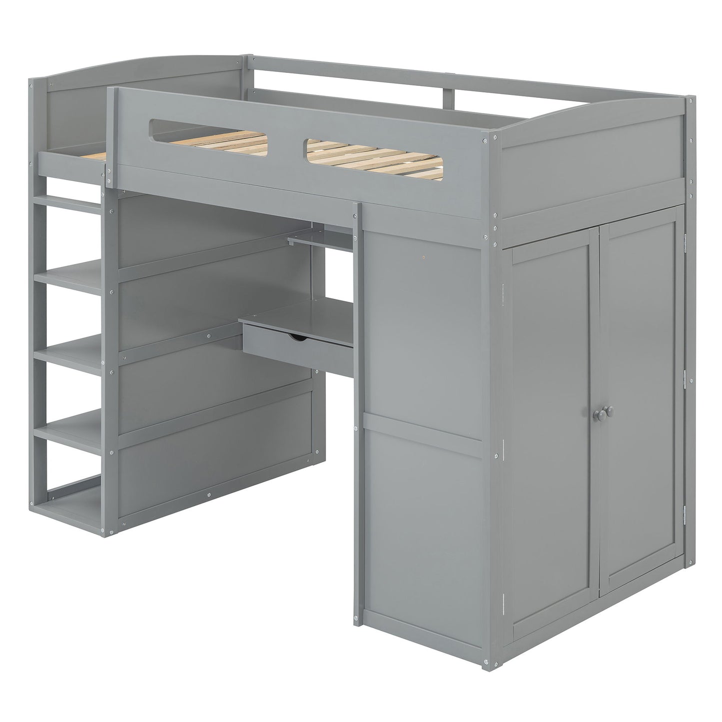 Twin Size Loft Bed With Desk, Wardrobes, 4 Drawers And 4 Shelves Construction - Gray