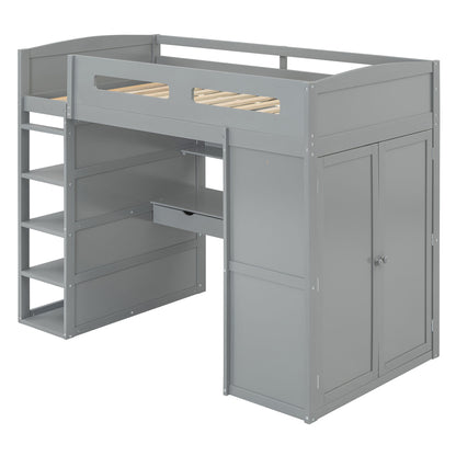 Twin Size Loft Bed With Desk, Wardrobes, 4 Drawers And 4 Shelves Construction - Gray