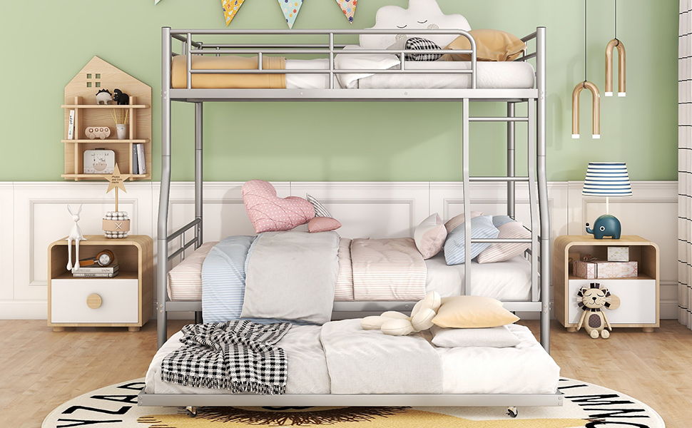 Full Long Over Queen Metal Bunk Bed With Trundle - Silver