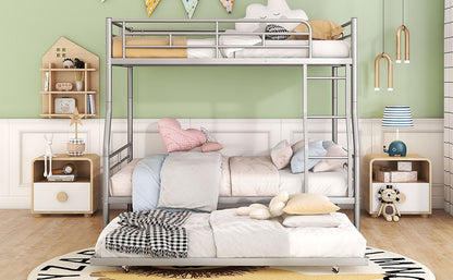 Full Long Over Queen Metal Bunk Bed With Trundle - Silver