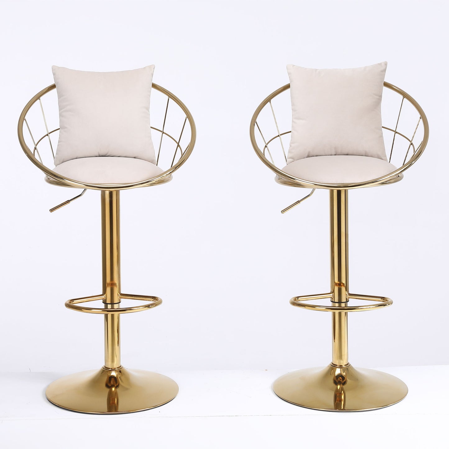Velvet Bar Chair, Pure Gold Plated, Unique Design, 360 Degree Rotation, Adjustable Height, Suitable For Dining Room And Bar, (Set of 2) - Off White