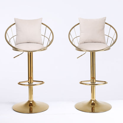 Velvet Bar Chair, Pure Gold Plated, Unique Design, 360 Degree Rotation, Adjustable Height, Suitable For Dining Room And Bar, (Set of 2) - Off White