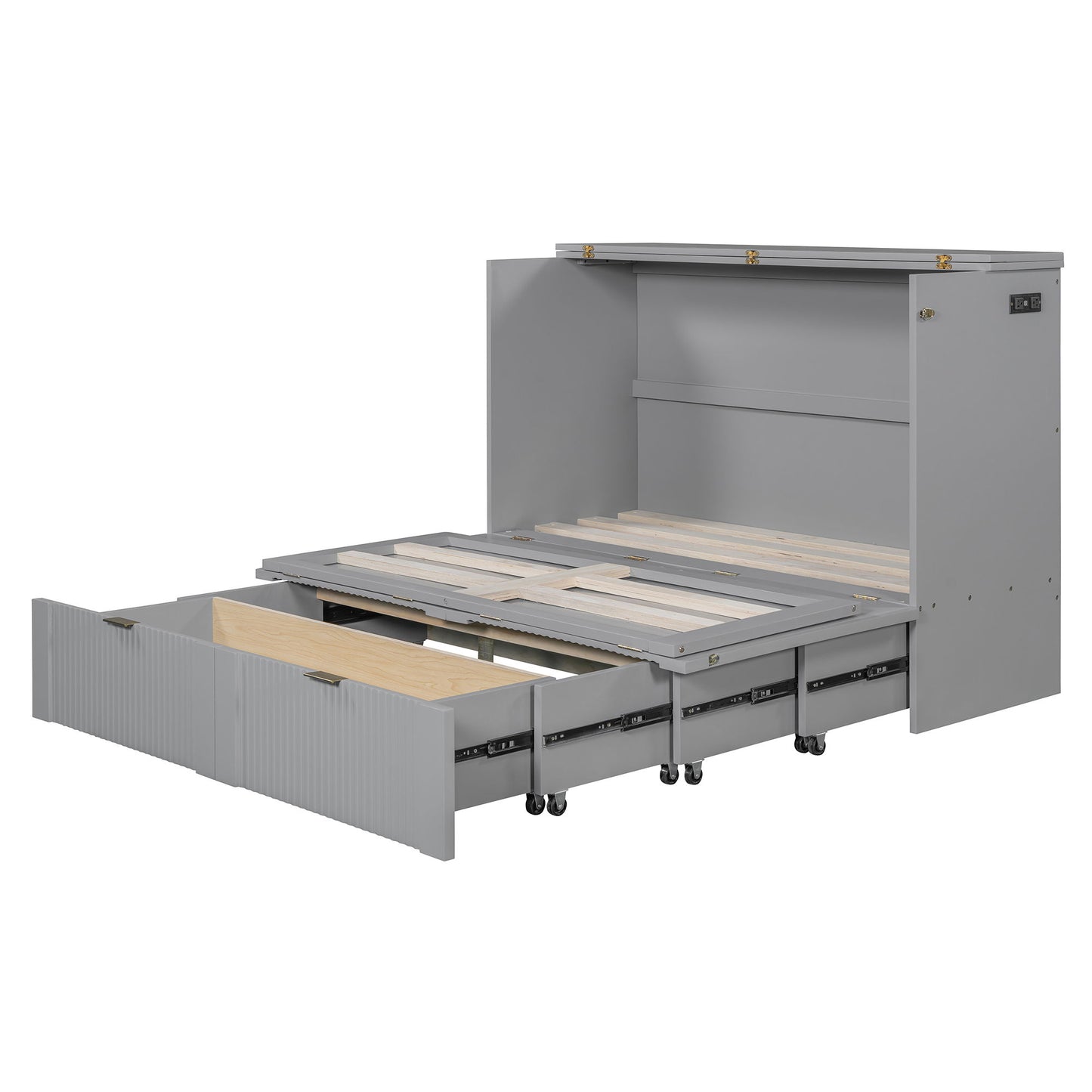 Full Size Murphy Bed With Drawer And A Set Of Sockets & USB Ports, Pulley Structure Design - Gray