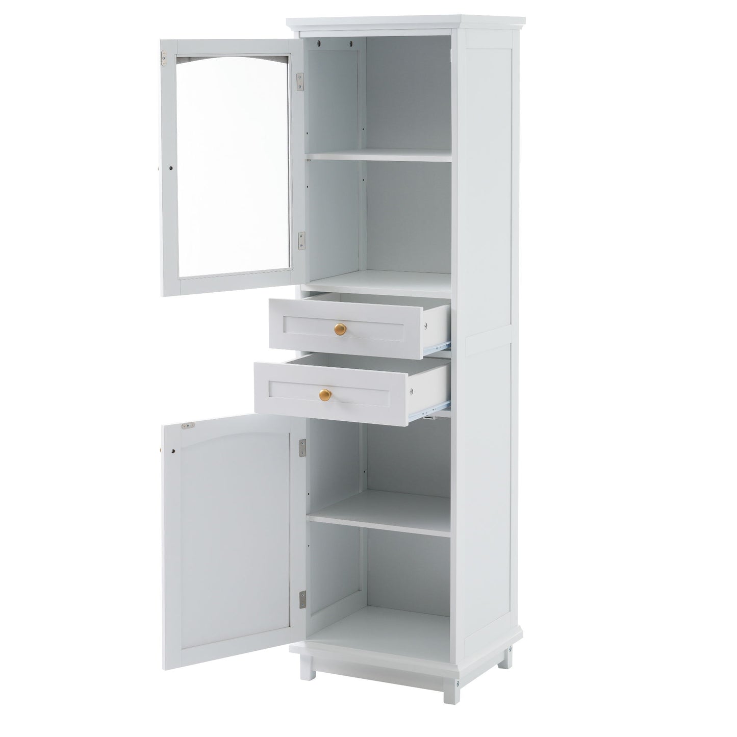 Tall Bathroom Storage Cabinet With Glass Doors, Free-Standing, Two Drawers, And Adjustable Shelves, MDF Board, Painted Perfect For Displaying Your Favorite Items - White