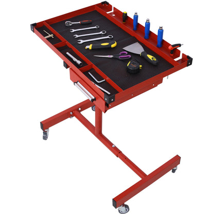 Adjustable Tear Down Work Table With Drawer For Garages, Repair Shops, And Diy, Portable, (4) 2.5" Swivel Casters, 220 Pound Capacity, Rubber Corners, Heavy Duty Steel - Red