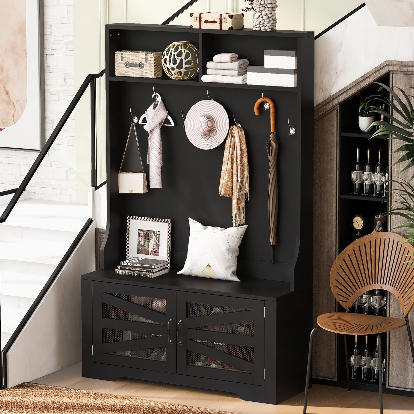 Entryway Bench With Coat Rack, 3 In 1 Design And Adjustable Shelves, Hall Tree With 7 Hooks For Entrance, Living Room - Black