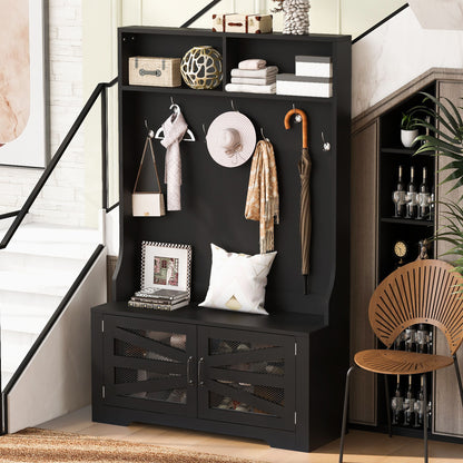 Entryway Bench With Coat Rack, 3 In 1 Design And Adjustable Shelves, Hall Tree With 7 Hooks For Entrance, Living Room - Black