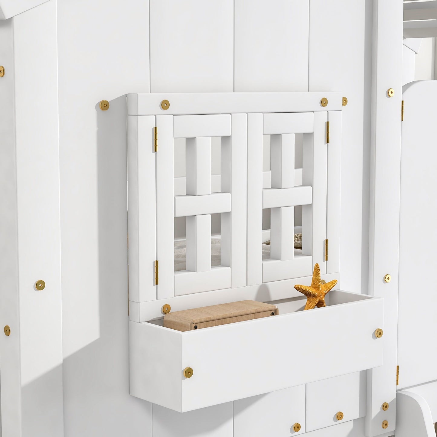 Twin Over Twin House Bunk Bed With Roof, Window, Window Box, Door, With Safety Guardrails And Ladder - White