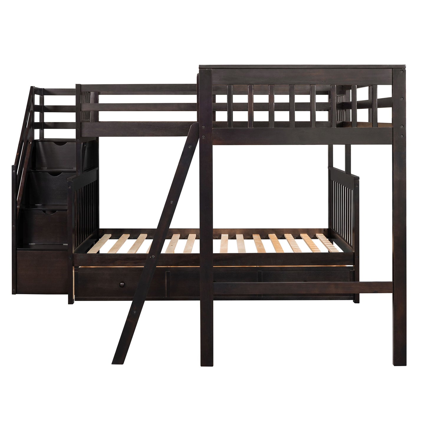 Twin Over Full L Shaped Bunk Bed With 3 Drawers, Ladder And Staircase - Espresso