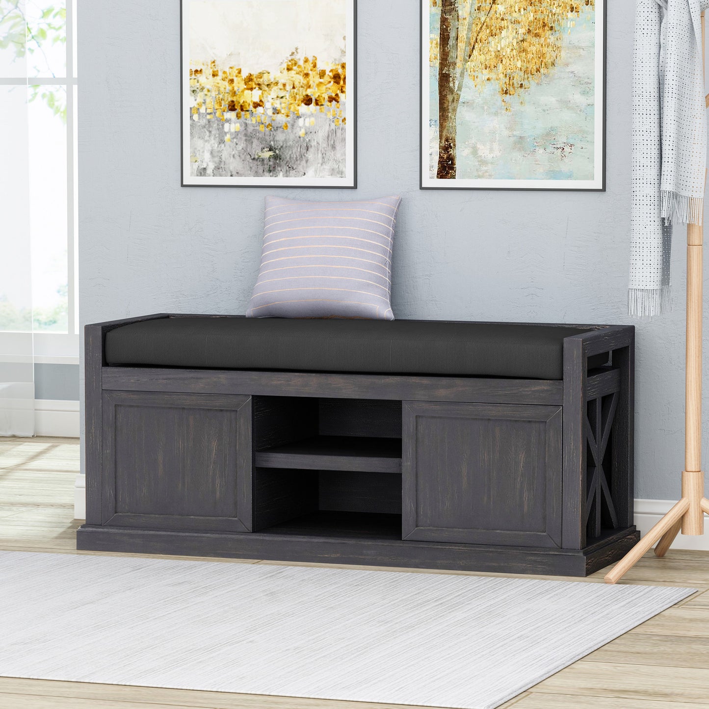 Wood Bench With 2 Open Shelves And Water Resistant Cushion - Dark Gray