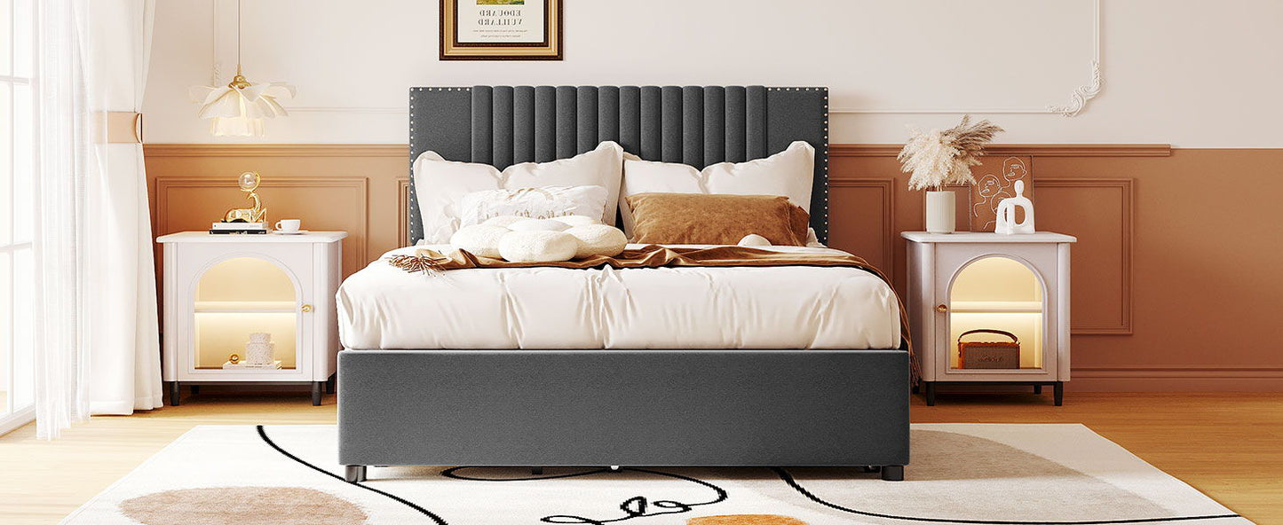 Full Size Upholstered Platform Bed With 2 Drawers And 1 Twin Size Trundle, Classic Headboard Design - Gray