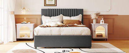 Full Size Upholstered Platform Bed With 2 Drawers And 1 Twin Size Trundle, Classic Headboard Design - Gray