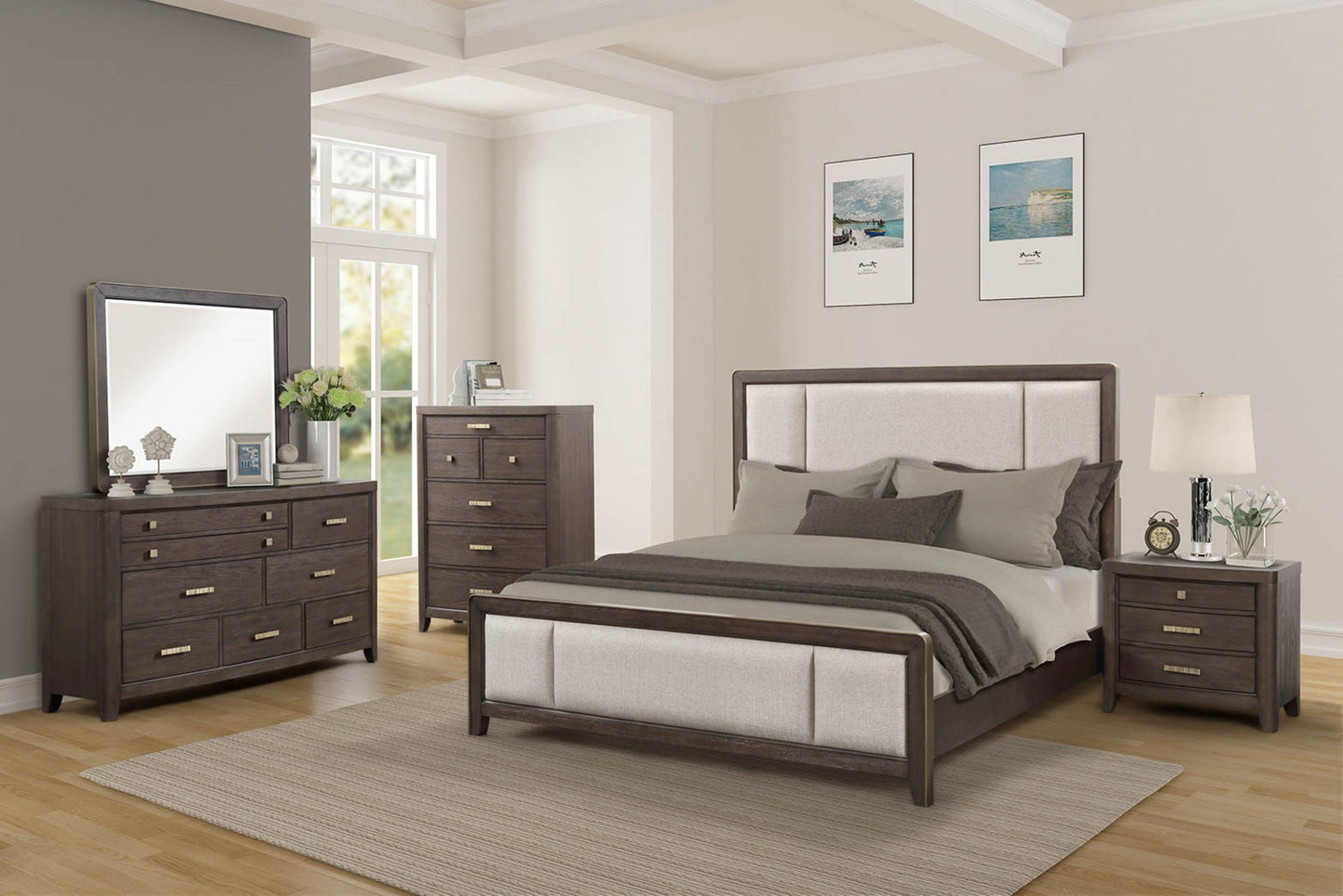 Queen Upholstered Headboard & Footboard With Traditional Styling - Beige