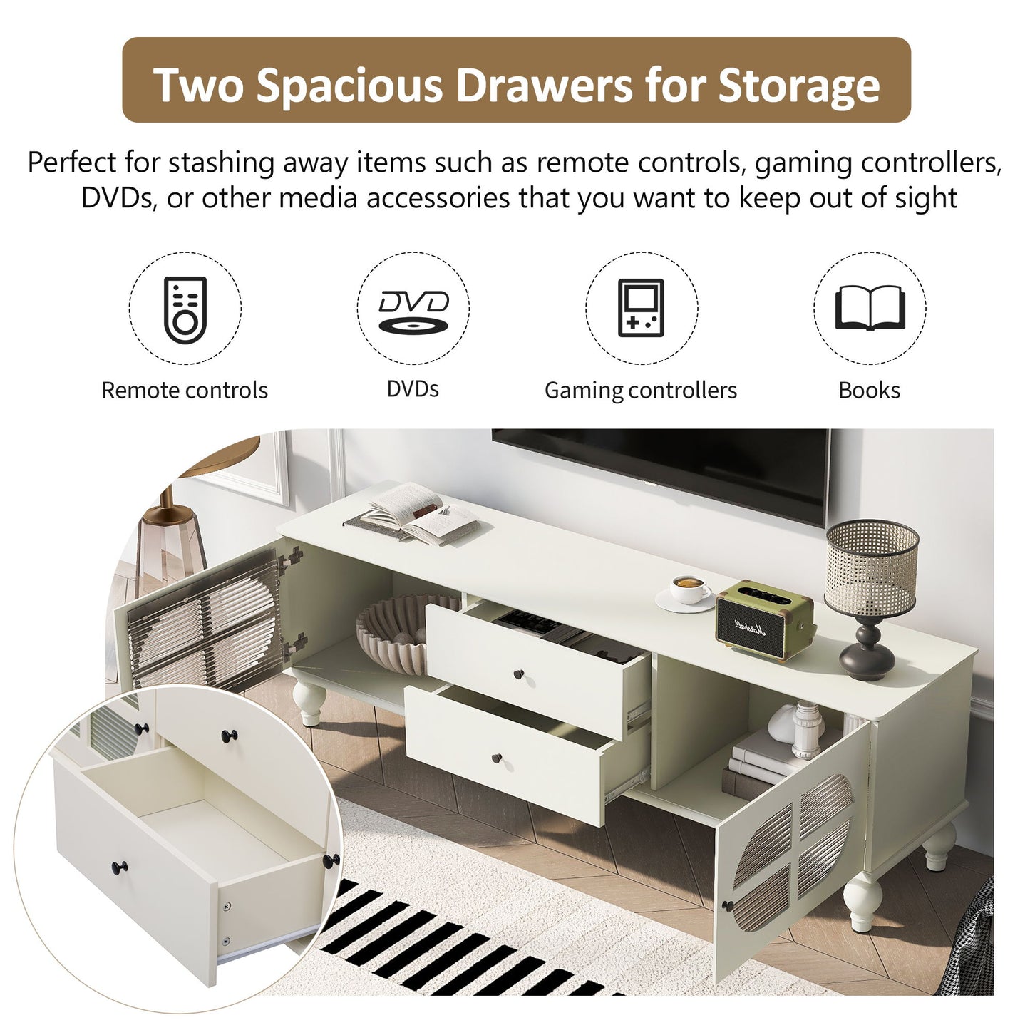 Modern TV Stand For TVs Up To 75", Entertainment Center Media Console With Fluted Glass Doors, 5 Solid Wood Legs For Living Room - Antique White